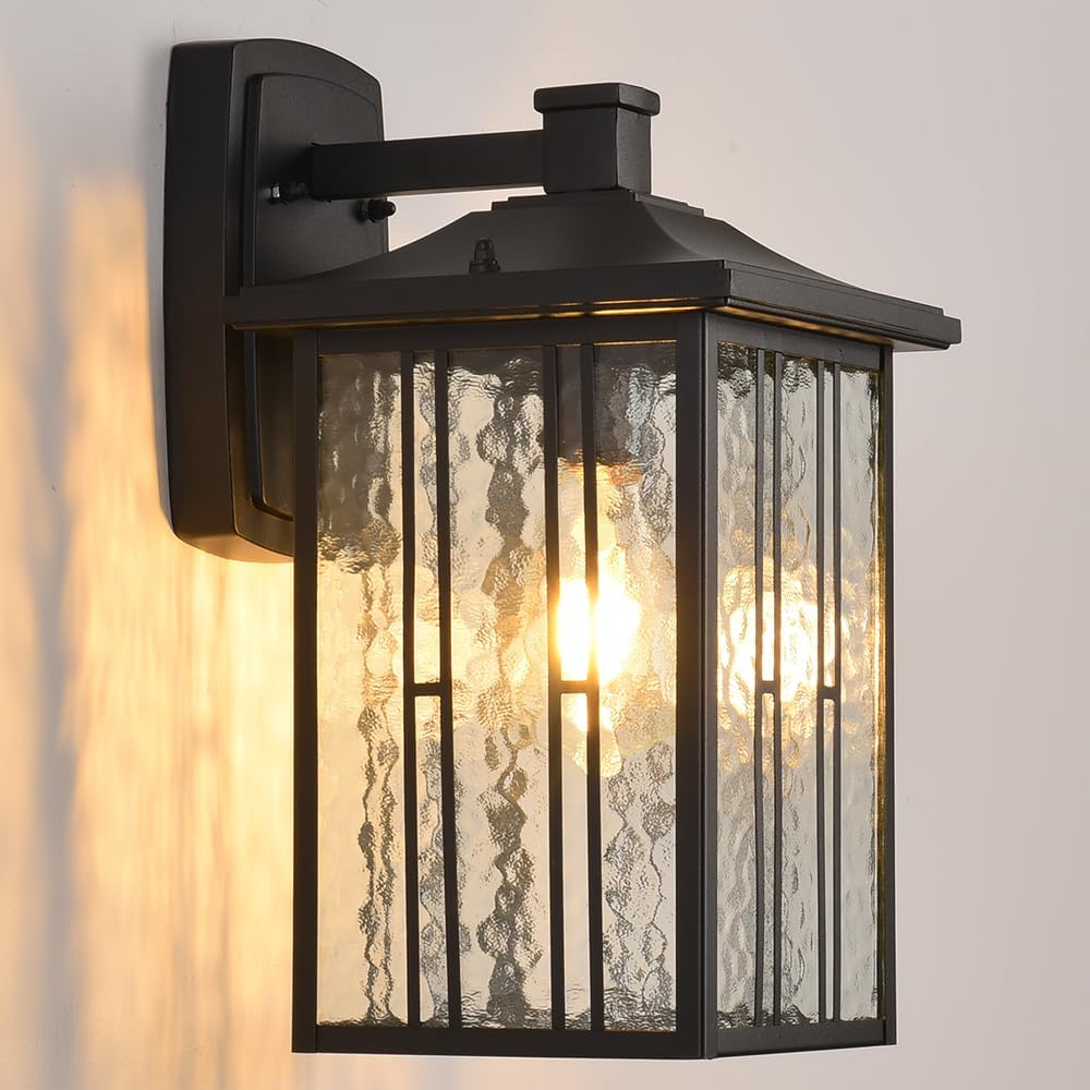 Outdoor Porch Light Fixtures, Black Wall Sconce Exterior Light, Large Front Ddoor Sconce Lights, Water Glass Outdoor Wall Lantern for Porch Garage House, 15”H