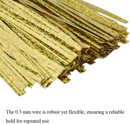 HAHIYO 300Pcs 4inches Holographic Gold Metal Twist Ties Bread Candy Coffee Bag Ties Plant Garden Twist Ties for Cellophane Treat Bags Gift Wraping Bags Plastic Bags Party Cake Present Art Crafts