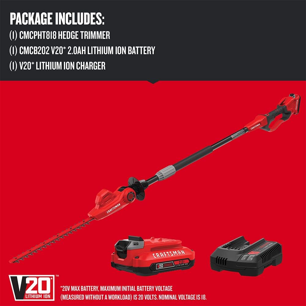 CRAFTSMAN V20 Cordless Pole Hedge Trimmer, 18-Inch, Extended Reach, Battery and Charger Included (CMCPHT818D1)
