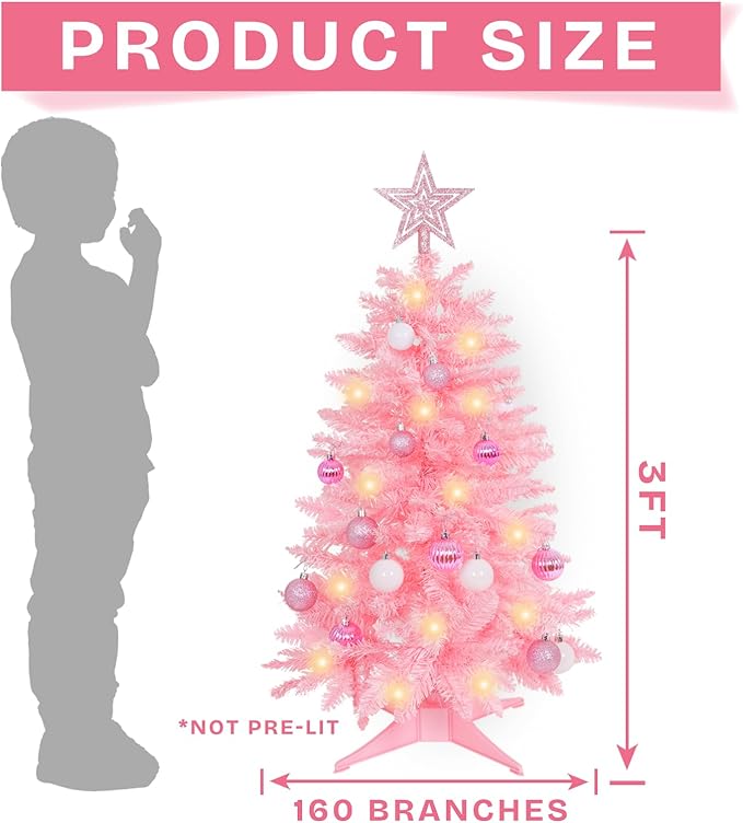 Sunshine Pink Christmas Tree with Light 3ft Artifical Full Christmas Tree with Ball & Star Ornaments 8 Lighting Modes for Holiday Decor