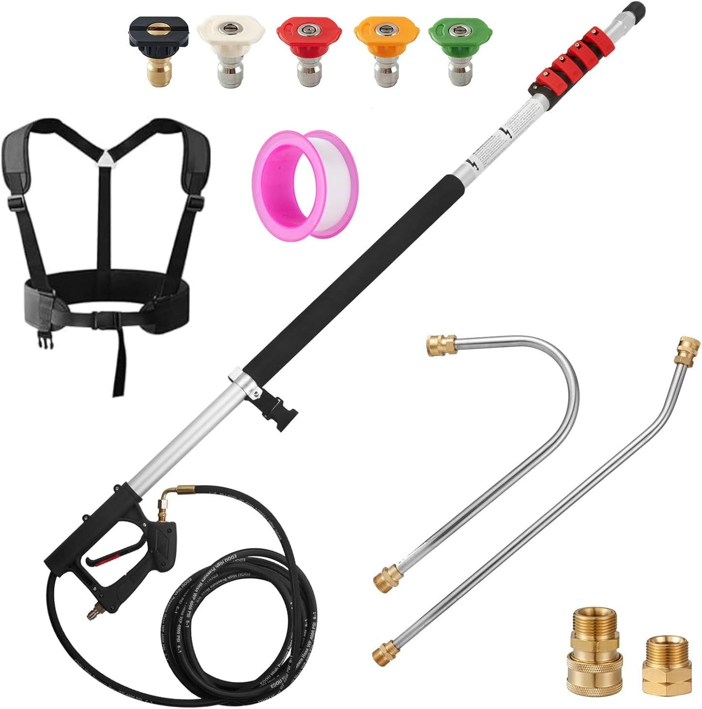 Tecoloy 24 FT Telescoping Pressure Washer Wand with Power Washer Extension Wand, Support Belt, Gutter Cleaner Attachment, 5 Spray Nozzle Tips and 2 Hose Inlet Adapters