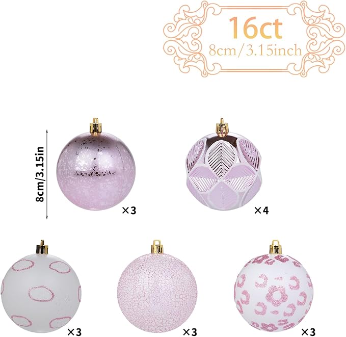 16CT Leopard Christmas Ornaments,Shatterproof Pink and White Christmas Decorations, Lage Baubles Ornaments Hanging Decor for Xmas Tree Home Party Festivals (80MM/3.15'')
