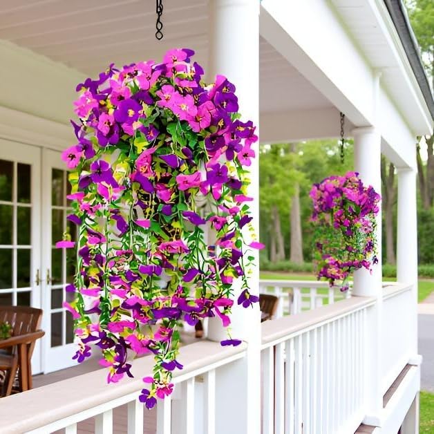 2 Packs Artificial Hanging Fake Flowers for Outdoors UV Fade Resistant Plastic Faux Plants Outside 30 inch 132 Stems Daisy Eucalyptus for Gardens Patio Porch Yard Indoor Home Decorations