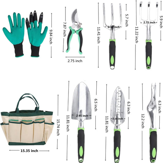 Garden Tool Set, 8 Pcs Heavy Duty Aluminum Rustproof Gardening Hand Tools，with Non-Slip Rubber Grip,Durable Storage Tote Bag,Outdoor Hand Tools, Idea for Transplanting, Weeding, Digging and Planting