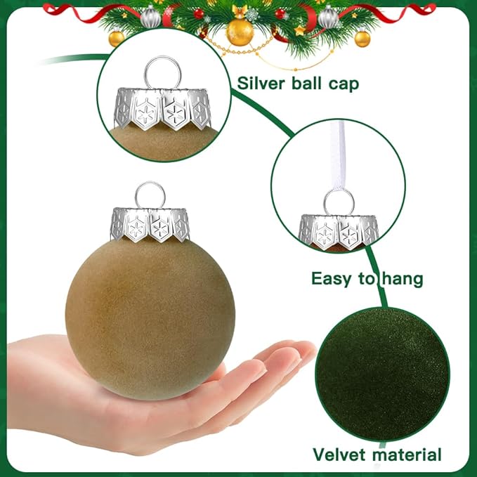 YUJUN 12 PCS Christmas Large Velvet Balls Ornaments 3.14In Shatterproof White Green Tree Hanging Plastic Ball Set Xmas Bulk Flocked Ornaments for Christmas Tree Home Party Wreath Decorations