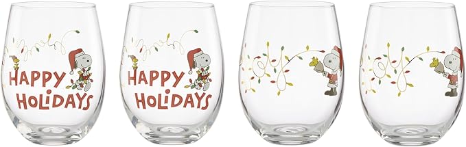 Lenox 896894 Snoopy Christmas Glass Tumblers, Set of 4, Assorted