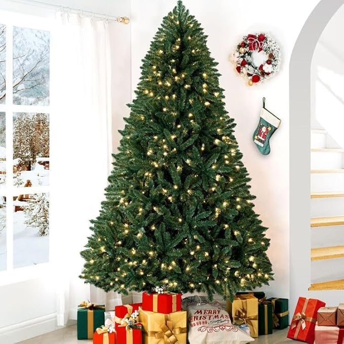 Naomi Home 7.5ft Christmas Tree with Lights Realistic Spruce Christmas Tree Prelit with Foot Pedal 1717 Branch Tips 550 Warm Lights and Metal Stand Aritificial Tree arbol De Navidad
