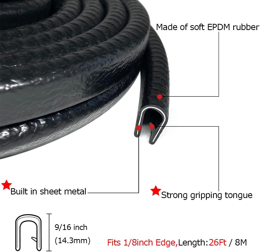 Rubber Edge Trim Black 26Feet, Fits 1/8” Edge, Flexible U Shape Seal Strip for Sharp/Rough Surfaces, Cars, Trucks, Boats