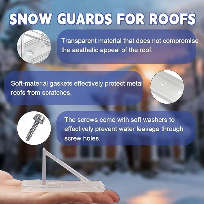 50 Pack Snow Guards for Metal Roofs, Snow Stops for Metal Roofs, Prevent Sliding Ice Snow Stop Buildup with Gasket and Screws, Metal and Steel Roofs Winter Supplies