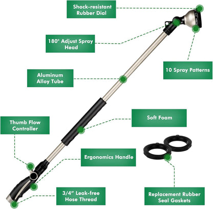 RESTMO 36” Long Watering Wand, Metal Garden Hose Wand with 180° Swivel Head and 10 Spray Patterns, 3ft Heavy Duty Hose Nozzle Sprayer with Thumb Flow Control, Ideal to Water Hanging Baskets, Shrubs