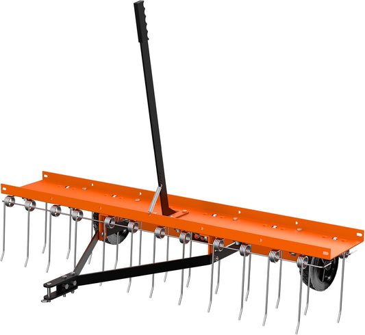 48" Tow Behind Lawn Dethatcher, Pull Behind Rake with 24 Rust-Proof Tines and Heavy Tires, Lawn Tractor Rake with Lift Handle, Tow Behind Rakes to Remove Thatch, Leaves from Large Lawn Area