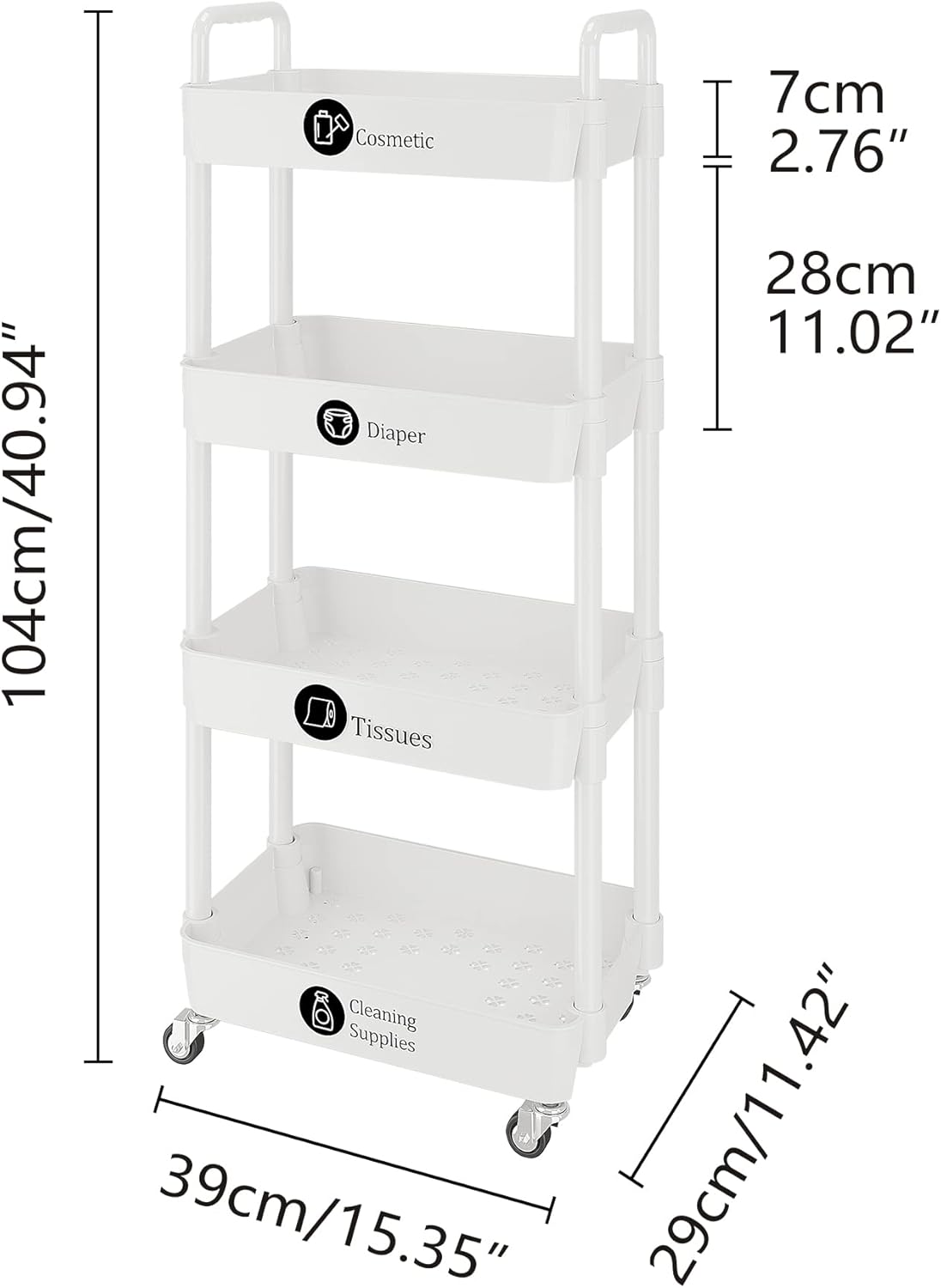 UDEAR 4-Tier Rolling Utility Cart with 12 Category Labels,Multifunctional Storage Shelves with Handle and Lockable Wheels for Room,Office,Kitchen,Bathroom,White