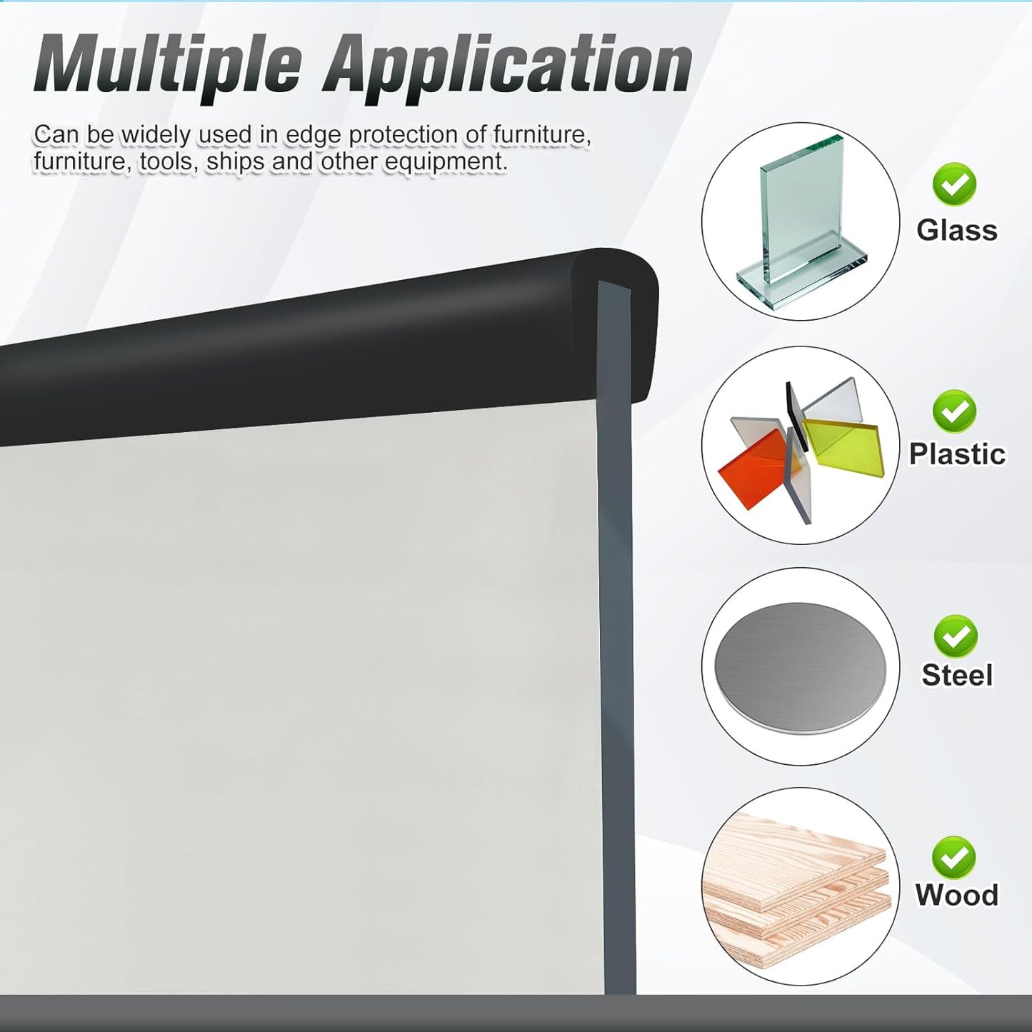 Rubber Edge Protector, Flexible Self-Adhesive U-Channel Trim, 3/16" Thick, Black, 20Ft - Protects Glass, Mirror, Plywood, Steel Panel Edges