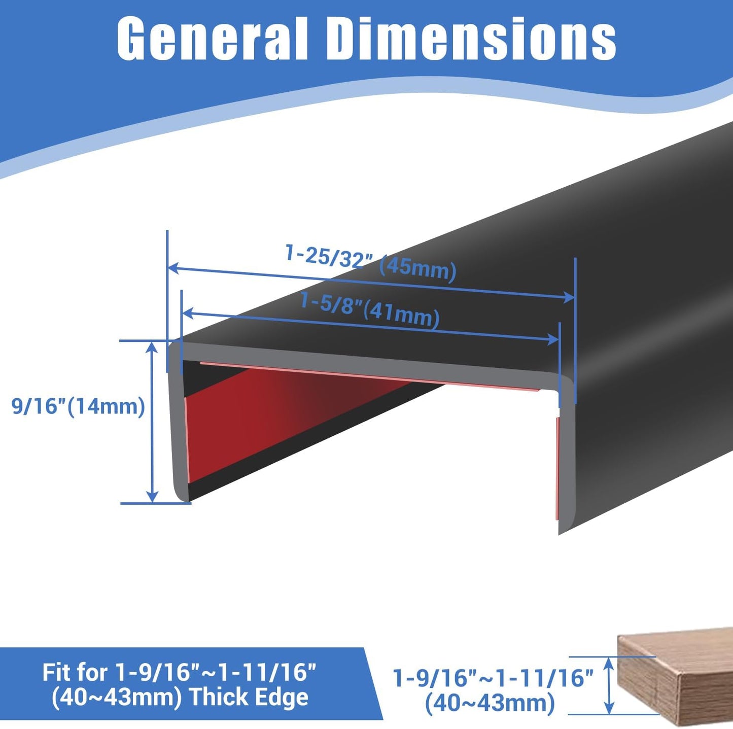 Rubber Edge Trim, Self-Adhesive U Shaped Edge Protector for Plywood, Cabinet, 1-5/8" Wood Edge Banding, Flexible Furniture Repair, EPDM Material, Fit 1-5/8"(41mm), Length 10Ft, Black