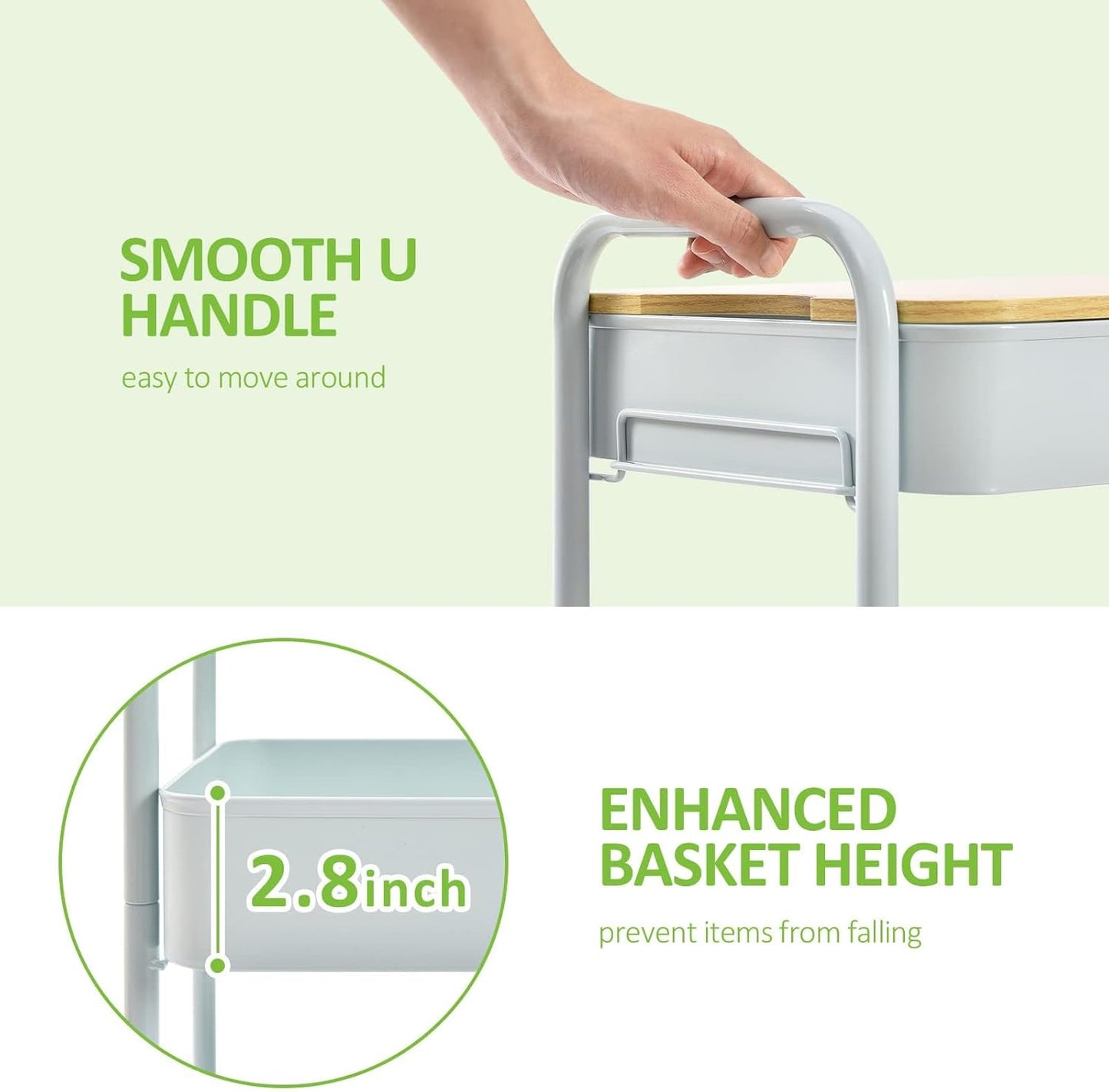 TOOLF 3-Tier Rolling Cart with Table Top, Metal Storage Cart on Wheels, Utility Organizer with Wooden Tray, Lockable Casters, Easy Assembly for Bathroom, Bedroom, Baby Room, Kitchen, Green