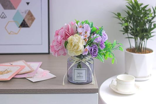 Artificial Rose Flower Bouquet Set, Hydrangea Hand Bouquet and vase, Ins Style Artificial Flower Set（Purple）