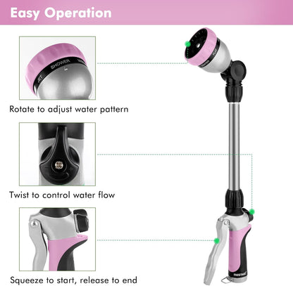 RESTMO Metal Watering Wand, Heavy Duty Garden Hose Wand with 180° Swivel Ratcheting Head, 16'' Hose Nozzle Sprayer with 7 Spray Patterns and Flow Control, for Water Hanging Baskets and Shrubs, Pink