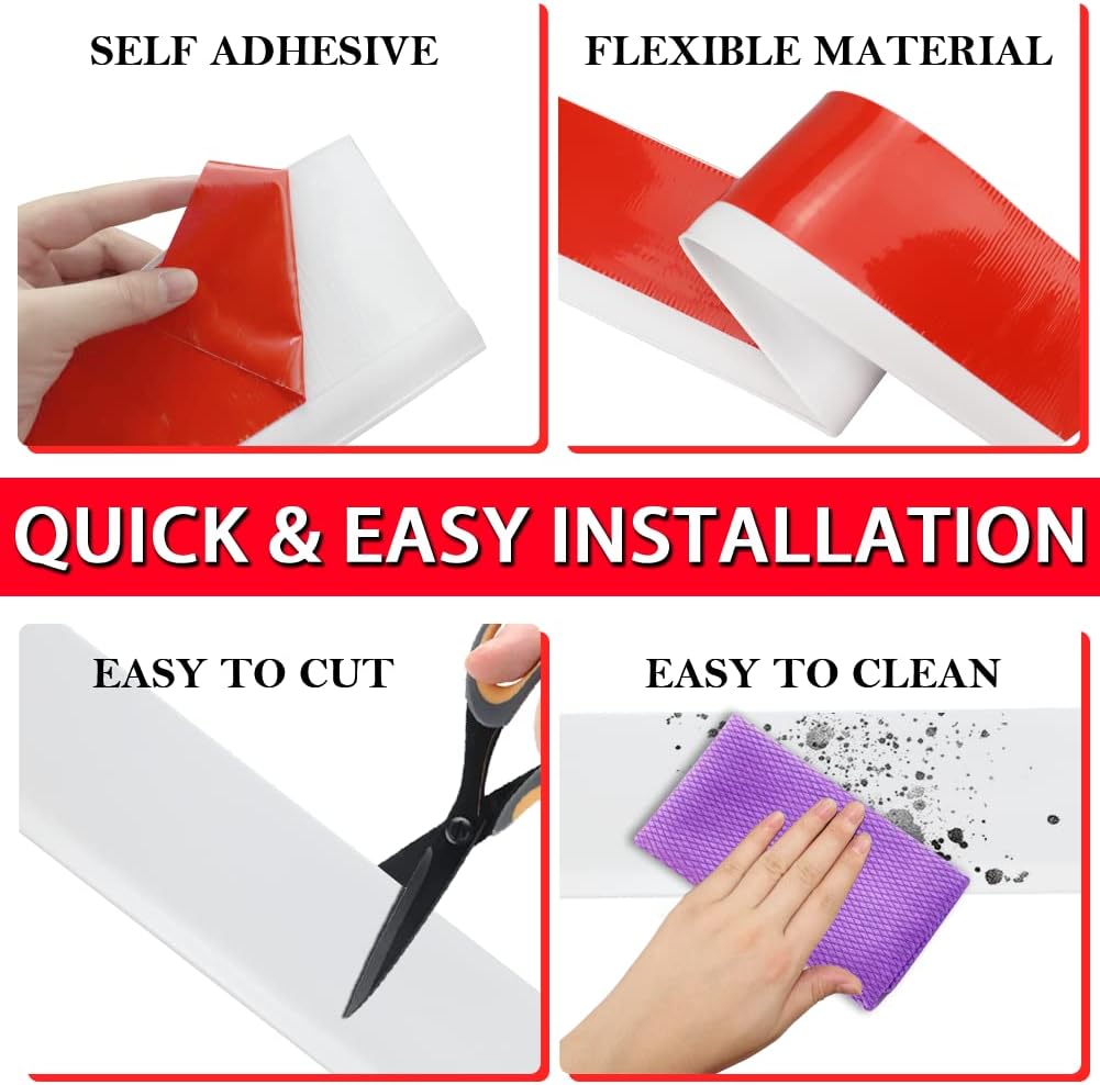 Vinyl Wall Base Baseboard Molding Trim 4" Flexible Self Adhesive Rubber Wall Base Moulding Trim Peel and Stick Design, 4 Inch x 60 Feet, White