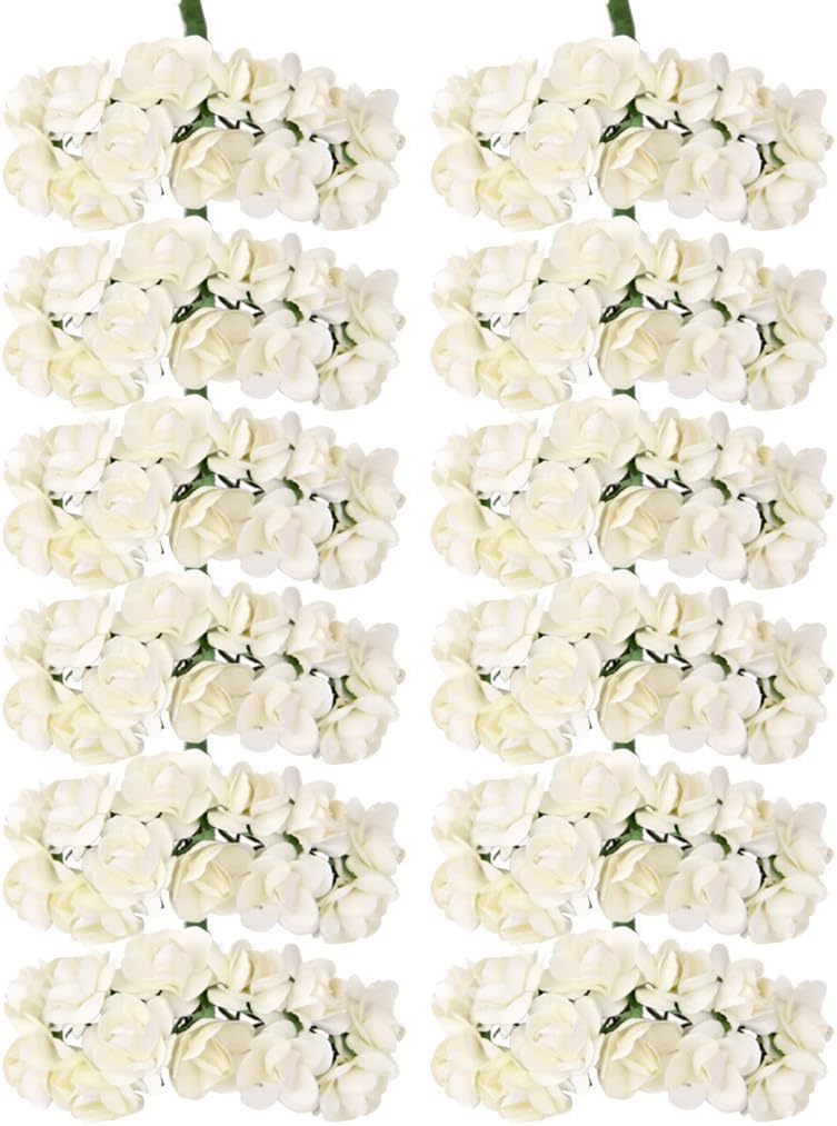 Mini Fake Rose Flower Heads 144pcs Mini Artificial Mulberry Paper Roses Flower with Wire Stem DIY Wedding Flowers Accessories Make Bridal Hair Clips Headbands Dress (Cream)