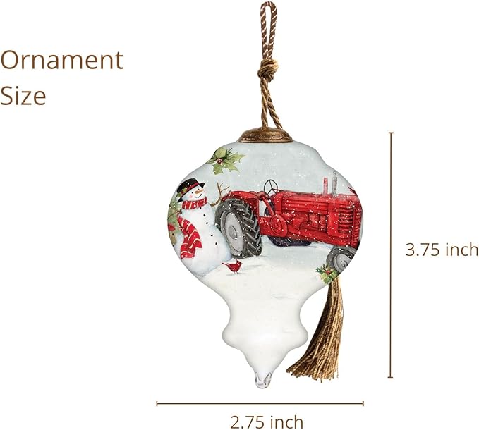 Red Tractor Christmas Ornament with Snowman – Hand-Painted Glass Farmhouse Holiday Ornament – Vintage Tractor Christmas Decor – Country Christmas Tree Ornament