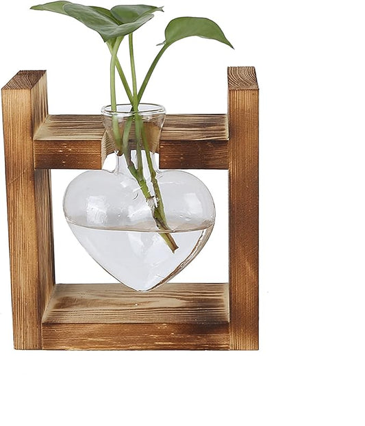 Zerodis Plant Terrarium with Wooden Stand,Heart Shaped Transparent Glass Vase Flower Pot Hydroponics Plant Propagation Station for Hydroponics Plants Home Office Decor (Retro Box + 1