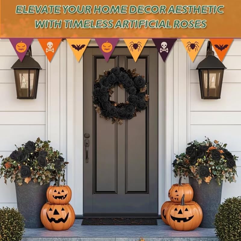 30 PCS Fake Black Roses, Artificial Flowers Bulk Halloween Decorations Realistic Silk Faux Roses with Stems for Gothic Wedding Party Decor, Bridal Bouquets DIY Floral Arrangement Home Decor