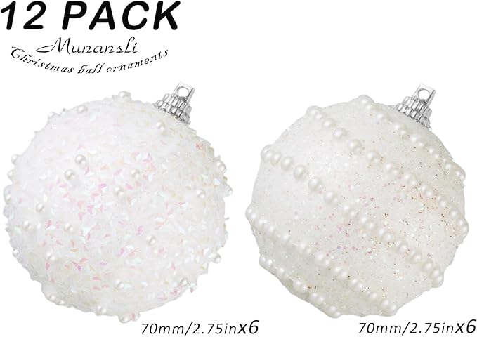 White Christmas Ball Ornaments,12ct Christmas Tree Shatterproof Plastic Hanging Sequin Xmas Balls for Festivals Holiday Party Decorations(70mm/2.76")