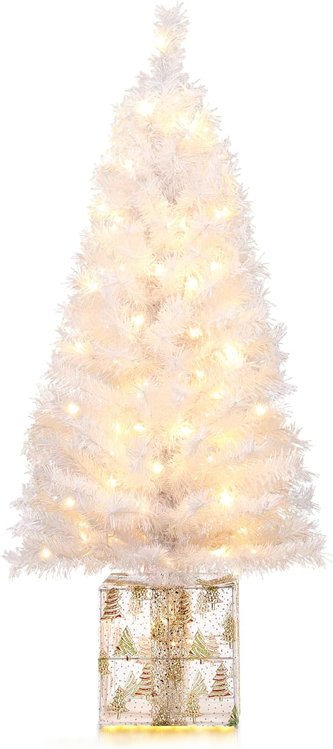 Brightever 4 FT Artificial Christmas Tree, Pre-lit Small Christmas Trees with Warm White String Lights & Unique Gold Gift Box Base, Plug in White Outdoor Xmas Trees for Front Door, Fireplace, Patio