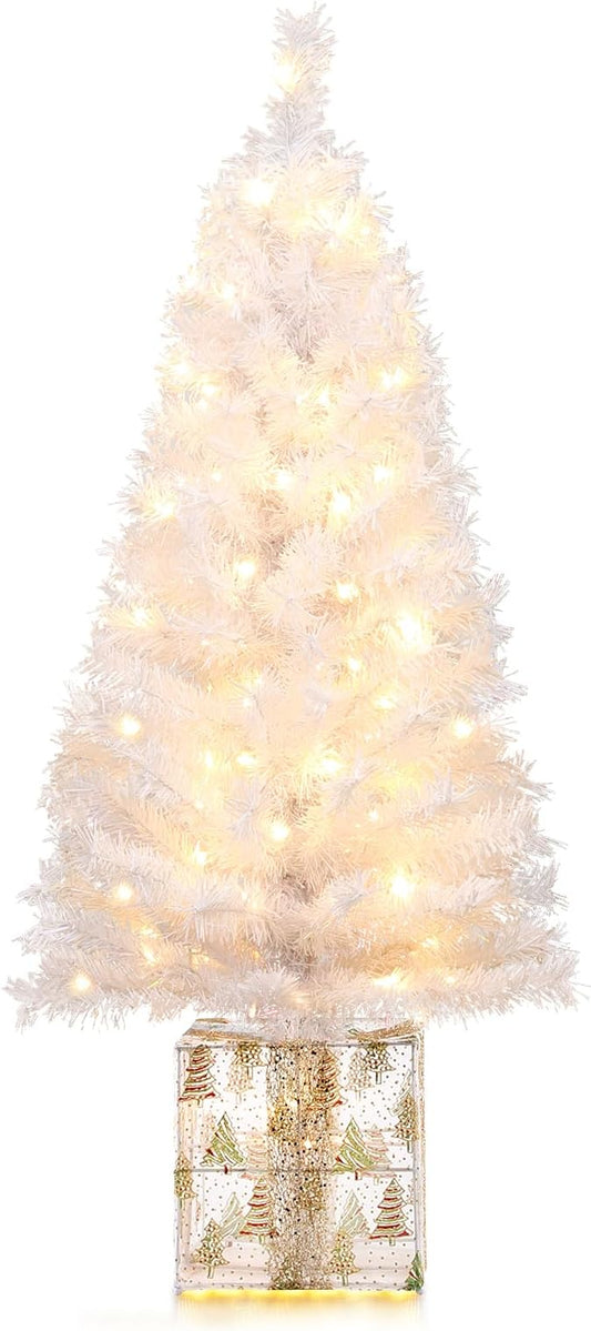 Brightever 4 FT Artificial Christmas Tree, Pre-lit Small Christmas Trees with Warm White String Lights & Unique Gold Gift Box Base, Plug in White Outdoor Xmas Trees for Front Door, Fireplace, Patio