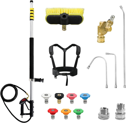 RAYNEL 24FT Telescoping Pressure Washer Extension Wand with Brush Head, 2 Power Washer Extension Wands, Gutter Cleaner Attachment, 7 Spray Nozzle Tips, Support Belt and 2 Hose Adapters