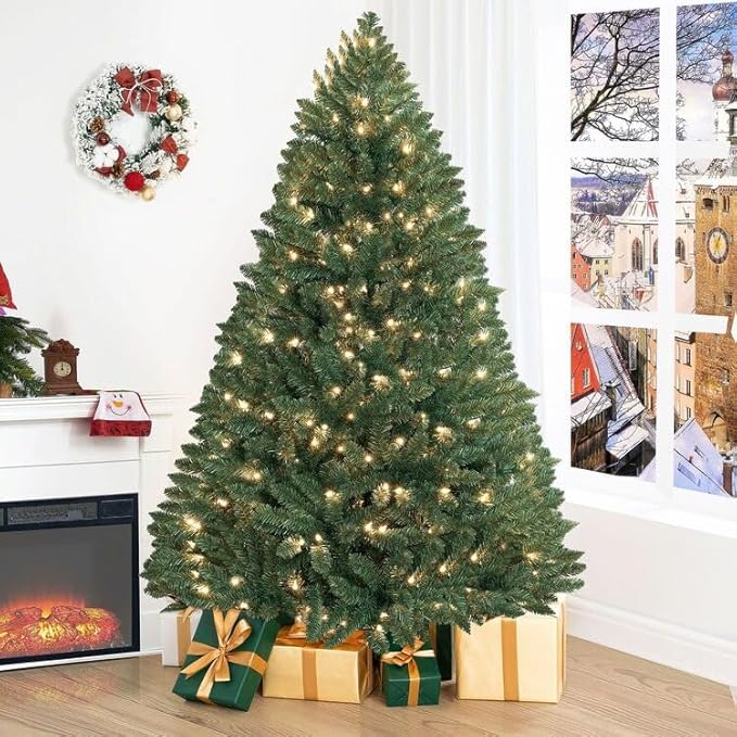 Naomi Home 6.5ft Christmas Tree with Lights, Realistic Spruce Xmas Tree Prelit with Foot Pedal, 1197 Branch Tips, 450 Warm Lights and Metal Stand, Aritificial Tree, Árbol De Navidad