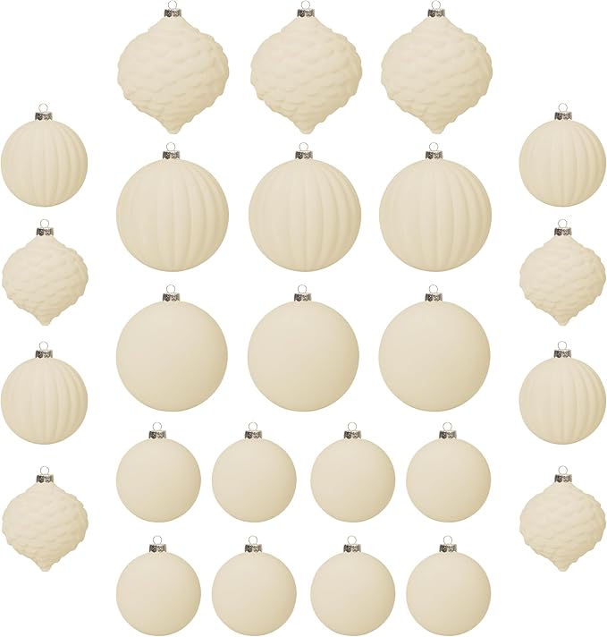 KI Store Velvet Christmas Balls Cream White 25pcs Flocked Christmas Tree Ornaments Assortment for Xmas Tree Holiday Decor