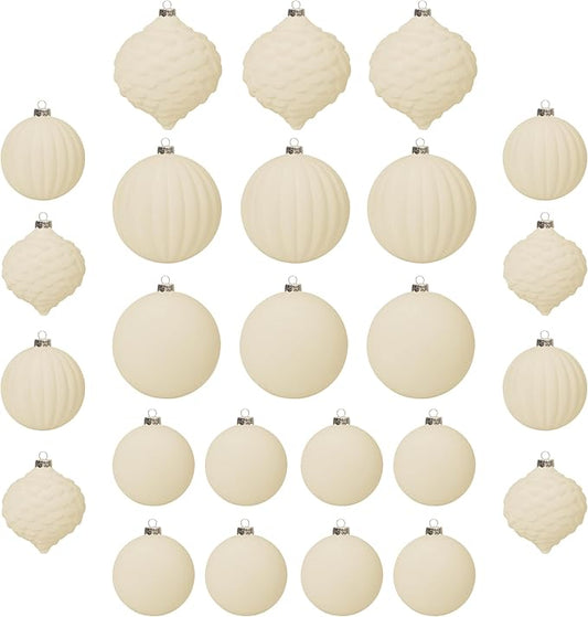 KI Store Velvet Christmas Balls Cream White 25pcs Flocked Christmas Tree Ornaments Assortment for Xmas Tree Holiday Decor