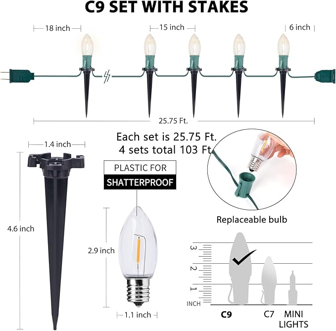 Brightown C9 Christmas Lights Outdoor, 4 Packs Total 103 Ft Christmas Pathway Lights with 80 LED Bulbs and Stakes, Connectable Outdoor Christmas Decorations Yard Walkway Sidewalk Holiday, Warm White
