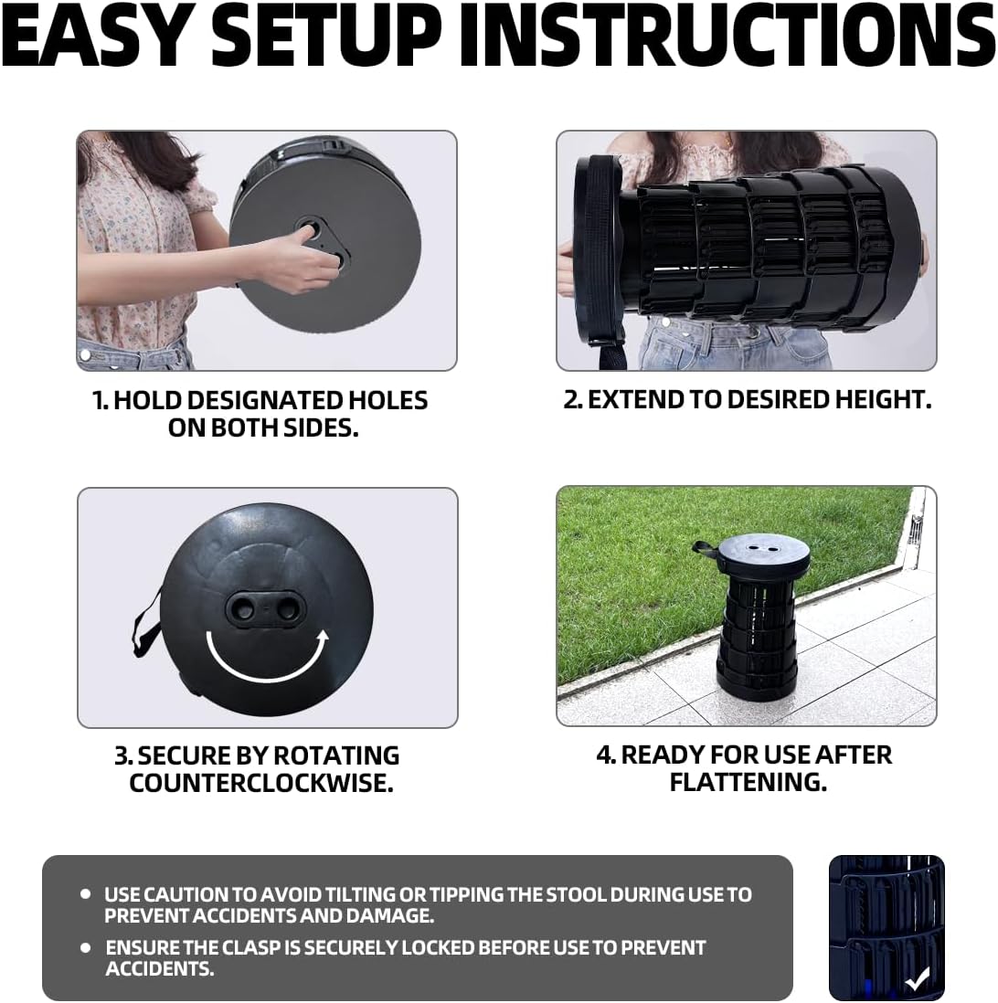 Portable Collapsible Stool - 4 Pillars Large Weight Capacity Travel-Friendly Folding Stool, Easy to Use Lightweight Telescoping Seat for Outdoor Activities, Camping & Hiking (Black)