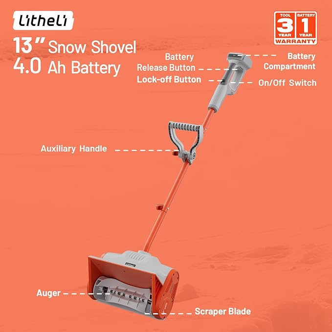 Litheli Electric Snow Shovel Cordless 20V, Lightweight Battery Powered Snow Blower with 4.0Ah Battery, Easy Snow Removal Tool for Driveways, Sidewalks, Patios and Decks