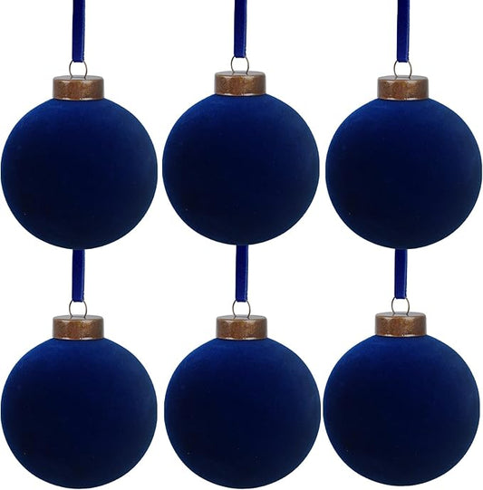6 Pcs Velvet Christmas Balls Bulk Shatterproof Plastic Christmas Tree Decorations for Decorative Hanging Baubles (6, Navy Blue, 3.94Inch)
