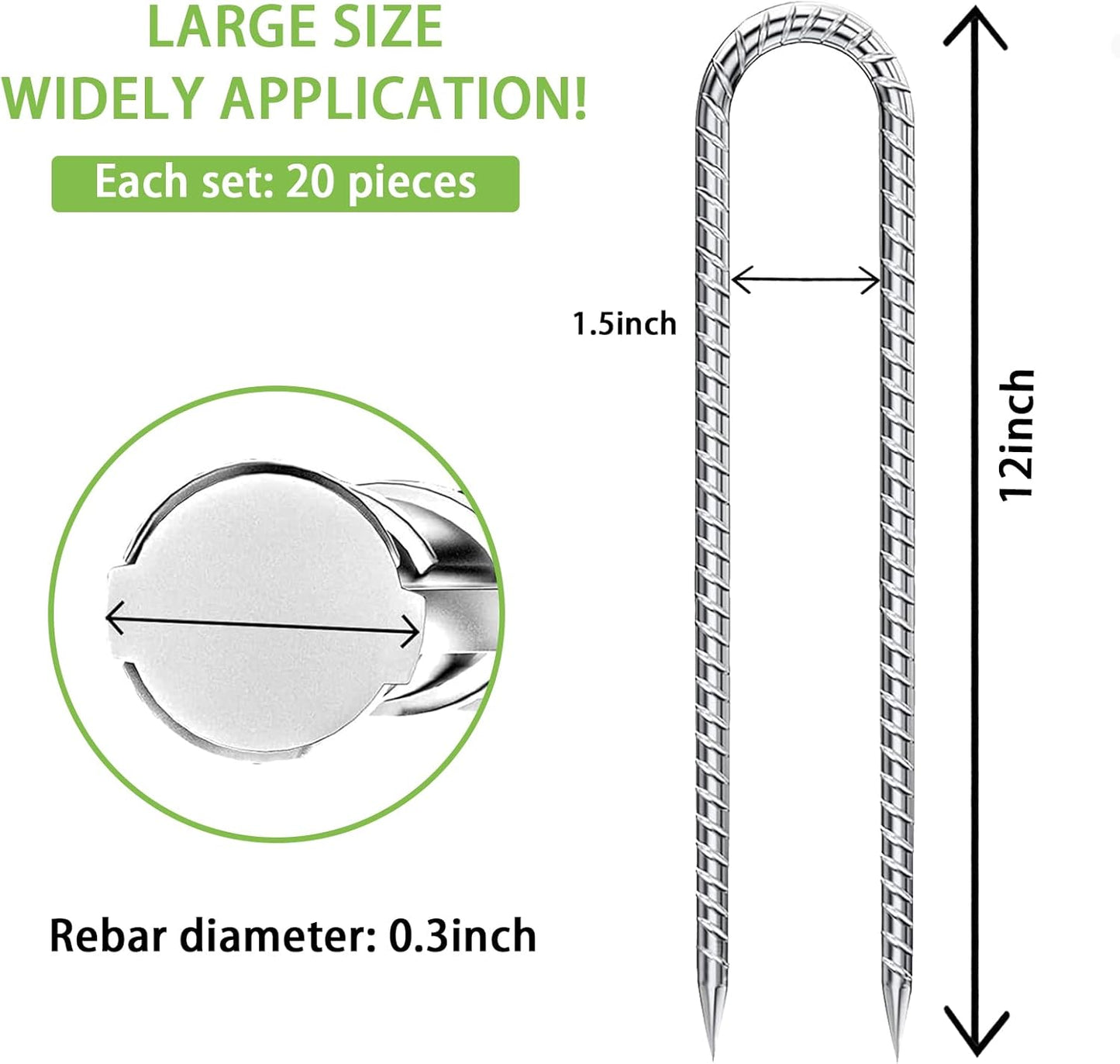 Rebar-Stakes-12-Inch-U-Shaped, Trampoline Stakes High Wind Ground Stakes Heavy Duty Galvanized Anti-Rust Metal Stakes Ground Anchors for Garden Dog Fence Chicken Coop Water Pipe 20pcs