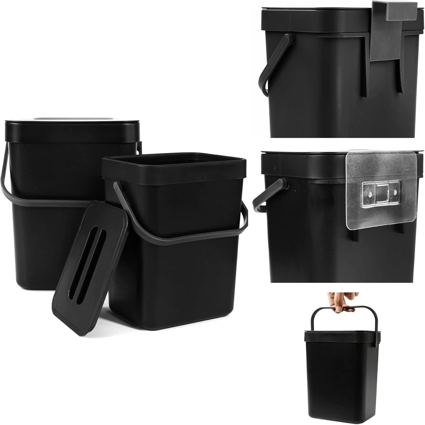 Domiella 2 Pack 1.3 + 0.8Gal Hanging Small Trash Can with Lid, Kitchen Compost Bin for Counter Top Under Sink, Sealed Food Waste Bin, Mountable Indoor Compost Bucket for Cupboard/Bathroom (Black)