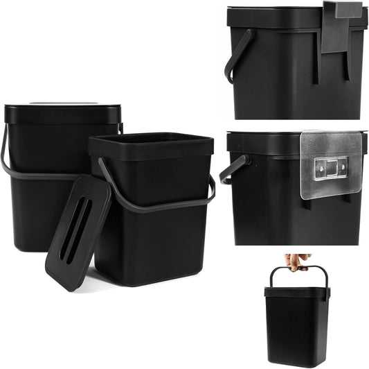 Domiella 2 Pack 1.3 + 0.8Gal Hanging Small Trash Can with Lid, Kitchen Compost Bin for Counter Top Under Sink, Sealed Food Waste Bin, Mountable Indoor Compost Bucket for Cupboard/Bathroom (Black)