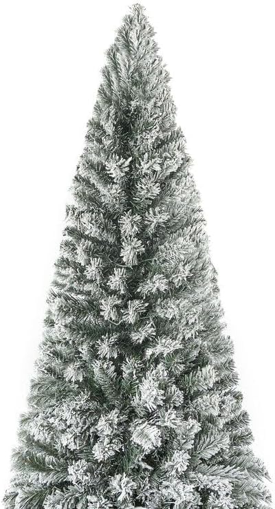Naomi Home 7.5ft Slim Snow Flocked Christmas Tree with Lights,Realistic Frosted Skinny Pencil Prelit with 1102 Branch Tips, 350 Warm Lights & Metal Stand, Aritificial Tree