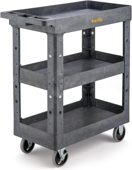 ELAFROS 3 Shelf Heavy Duty Plastic Utility Cart 34 x 17 x 38.5 Inch - Work Cart with 2 Fixed 2 Swivel Wheels and Safely Holds up to 550 lbs - 3 Tier Service Cart Deep Shelves Tool cart, Gray