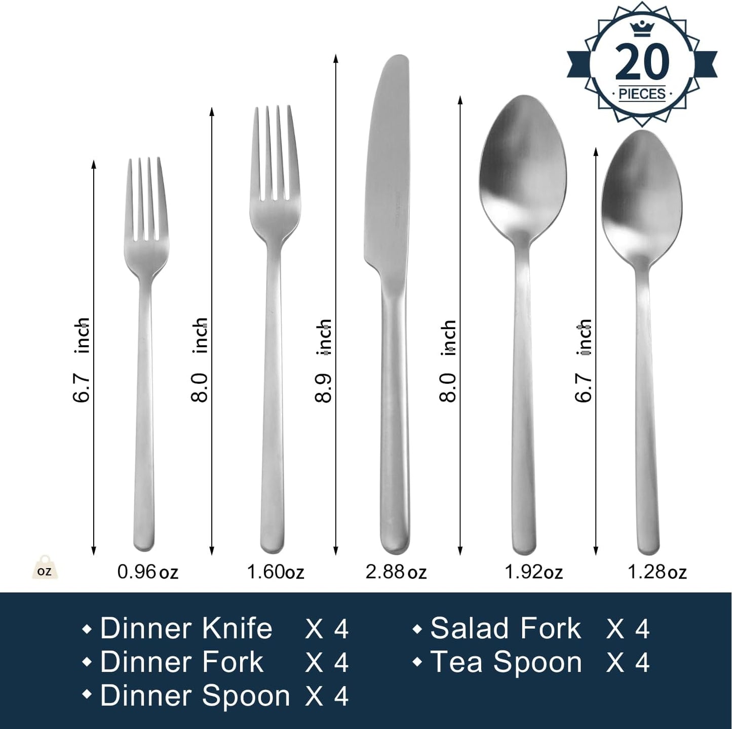 KINGSTONE Silverware Set, 20 Piece Flatware Cutlery Set for 4, 18/10 Stainless Steel Silverware Mirror Polished Dishwasher Safe for Home, Restaurant, Wedding, Party, Matte Silver