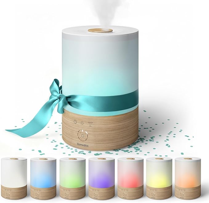 Homedics Cool Mist Ultrasonic Humidifier, 8-Colors Night Light, 0.66 Gal Top-Fill Tank, 24Hr Runtime, 3 Mist Settings, 360° Mist for 329 sq ft Rooms, Aromatherapy, Clean Tank Tech, Auto Shutoff