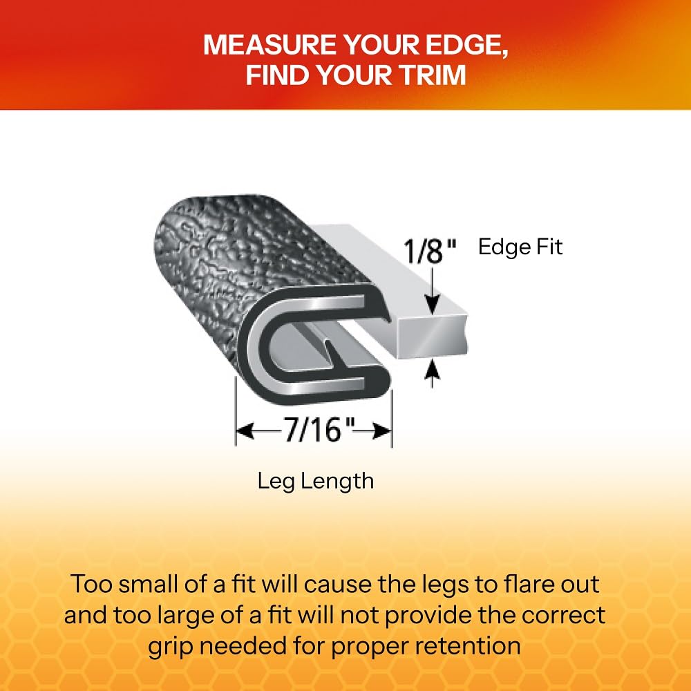 TRIM-LOK Edge Trim - Fits 1/8" Edge, 7/16” Leg Length, 25’ Length - Single Gripping Finger - Black, Pebble Texture - Flexible PVC Edge Protector