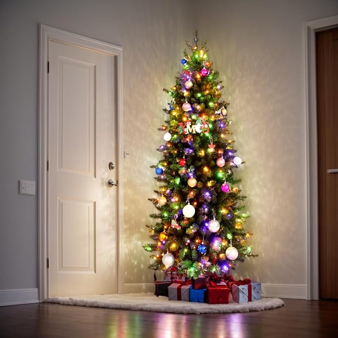 Himimi Pre-Lit Christmas Trees Slim Fraser Fir Artificial Tree with Multicolor LED Lights, Layered Brach Tips Noble Holiday Décor, Foldable Metal Stand & Protective Foot Caps, 6 Foot