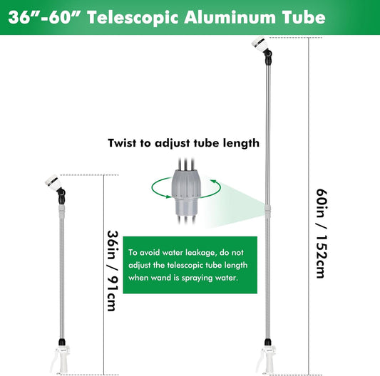 RESTMO 36”-60” Metal Watering Wand, Long Telescopic Tube | 180° Adjustable Ratcheting Head | 7 Spray Patterns | Flow Control, Garden Hose Sprayer to Water Hanging Baskets, Shrubs, White