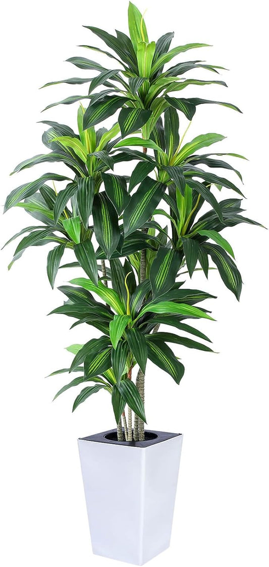 Artificial Dracaena Plant 6ft with White Tall Planter, Potted Artificial Dracaena Silk Plant, Fake Yucca Tree Plant, Home Office Floor Room Decor Plants Indoor Outdoor, Housewarming Gift