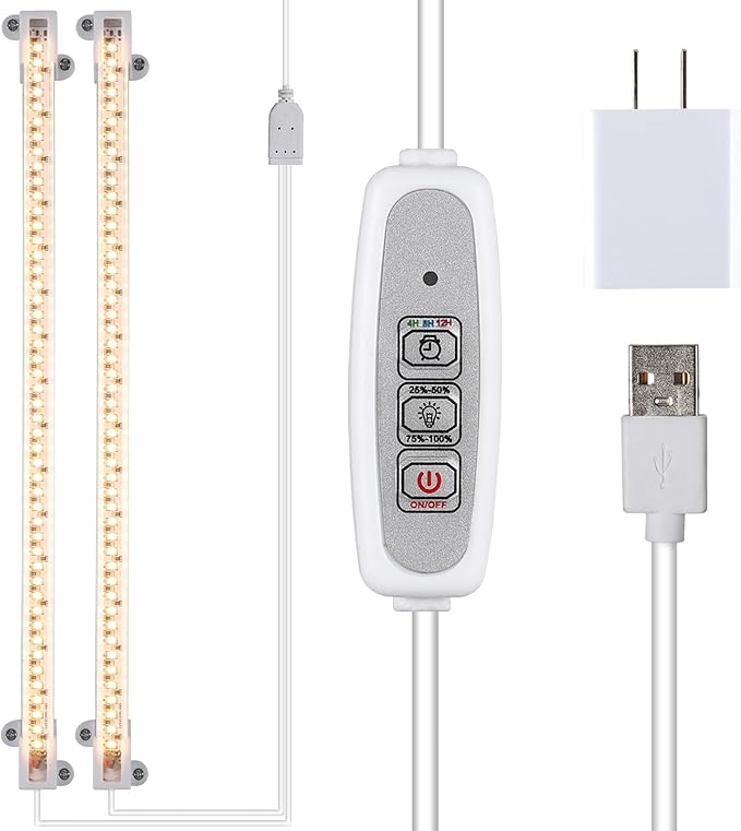 Grow Light Two Heads, Strip Growing lamp, Full Spectrum Grow Light Strips for Indoor Plants with Auto ON/Off Timer & 4 Dimmable Levels, Led Grow Lamp for Green House Hydroponics Succulent