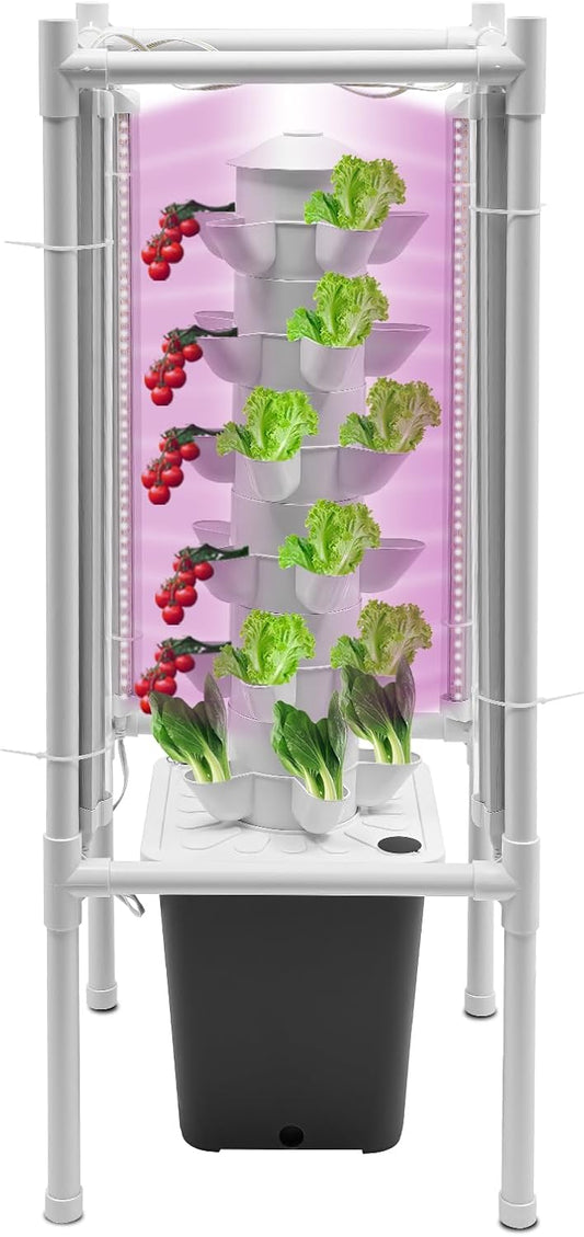 Hydroponics Growing System Kit, 30-Plant Tower Garden Vertical Planter Germination Kit with Grow Light&Water Pump, Herb Garden Planter Indoor Kit, Hydroponic Growing Tower for Indoor Gardening (Gray)